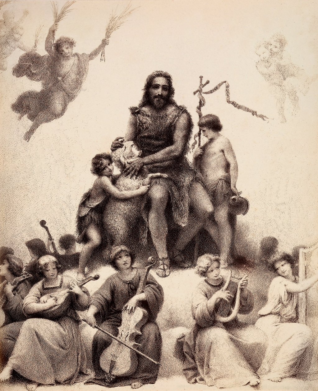 St. Johannes der Täufer sitzt, umgeben von musizierenden Engeln, und streichelt ein Lamm am Kopf. Illustration von Canto XXXII im Paradiso der Göttlichen Komödie von Dante Alighieri. Werk von Francesco Scaramuzza, gewidmet der Gemeinde Florenz. von Unbekannter Künstler