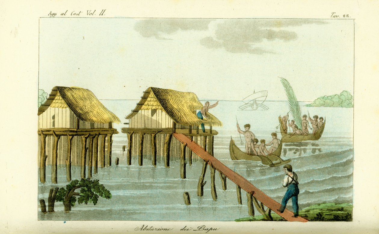 Pfahlbauten im Ozean auf der Insel Rawak, Papua-Neuguinea von Unbekannt