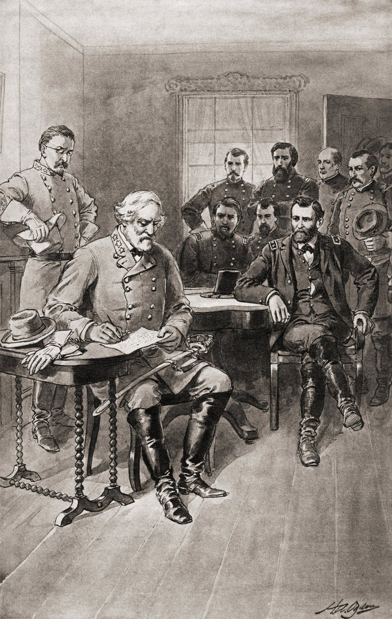 Kapitulation von Robert E. Lee vor General Ulysses S. Grant, Appomattox Court House, Virginia, am 9. April von Unbekannter Künstler