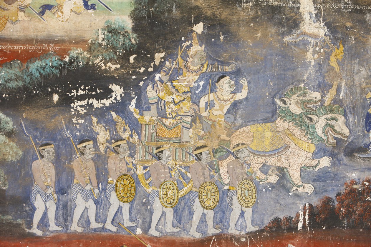 Diese Wandmalerei zeigt Szenen aus dem Reamker, der kambodschanischen Version des Ramayana, Phnom Penh, Kambodscha von Unbekannt