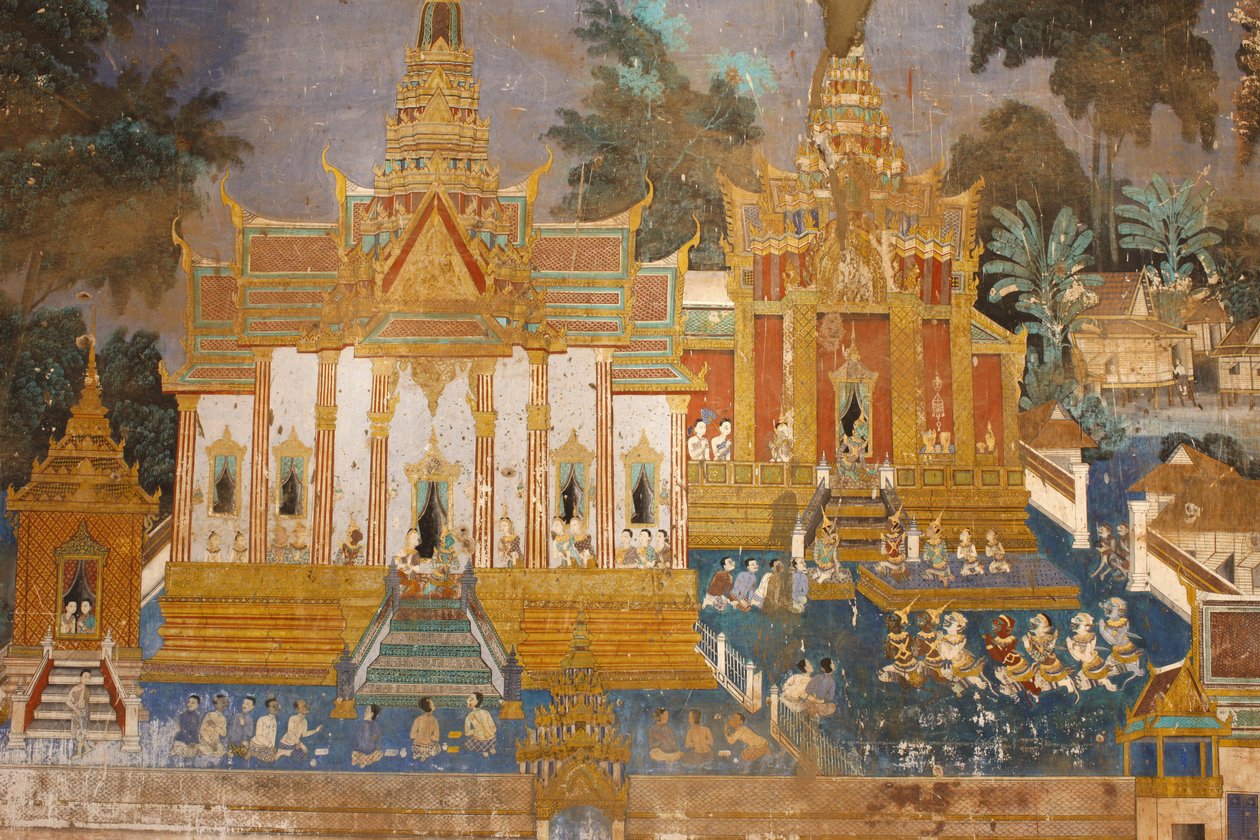 Silberpagode, Dieses Wandgemälde zeigt Szenen aus dem Reamker, der kambodschanischen Version des klassischen hinduistischen Gedichts Ramayana, Phnom Penh, Kambodscha von Unbekannt