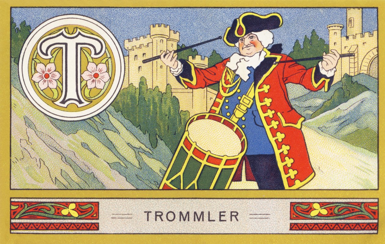 T: Trommler - Alphabet Palmin. Serie von Chromolithographien herausgegeben von H. Schlinck & Cie, Hamburg. Werbung für Palmin feinstes Kokosfett. von William M. Timlin
