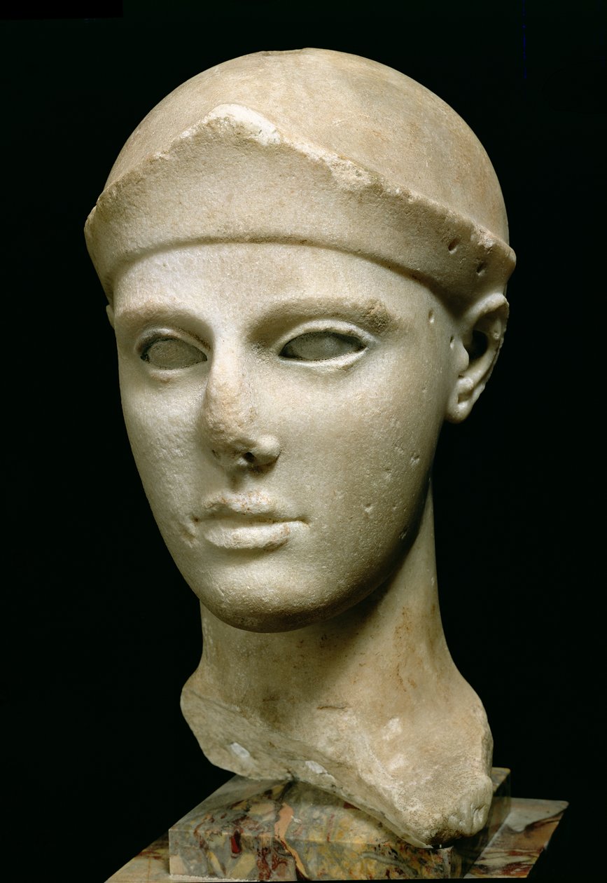 Die Athena von Aegina, mit Helm, Kopf einer Statue, Griechisch, Aeginetisch, ca. 460 v. Chr. (Marmor) von Unbekannt