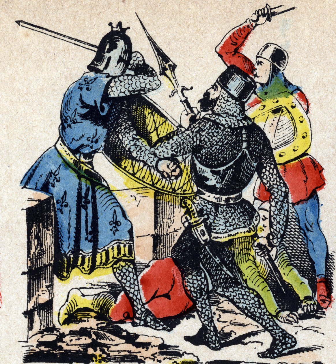 Die Schlacht von Taillebourg zwischen dem König von Frankreich Ludwig IX. und seinem Bruder, dem Grafen von Poitiers Alphonse, gegen die Waffen ihrer aufständischen Vasallen, Heinrich III. von England und Hugues X. von Lusignan. Epinal-Bild 19. Jahrhundert von Unbekannter Künstler