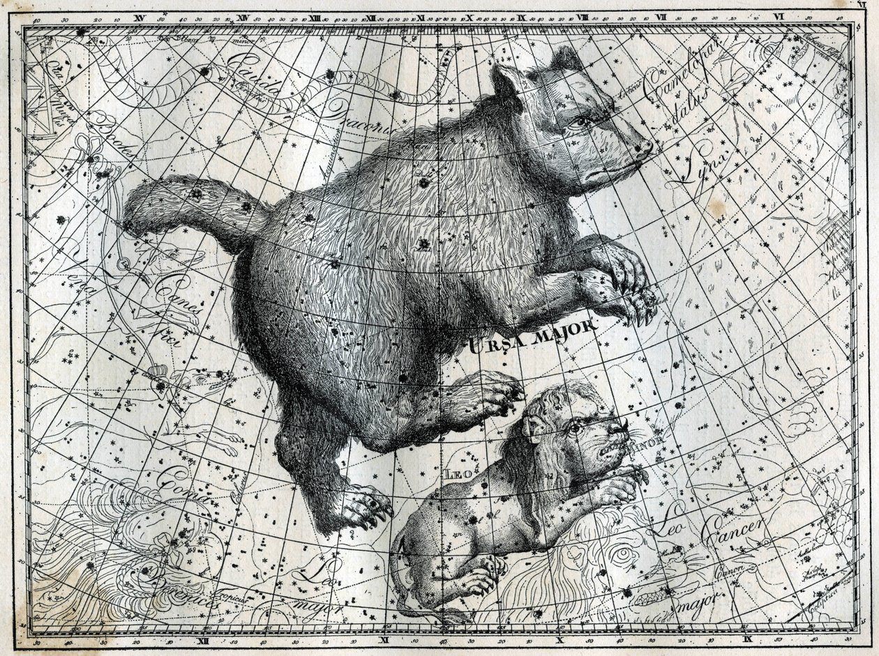 Die borealen Sternbilder: der Große Bär und der Kleine Löwe. Gravur aus Camille Flammarions „Les étoiles et les autres curiosités du ciel“ von Unbekannt