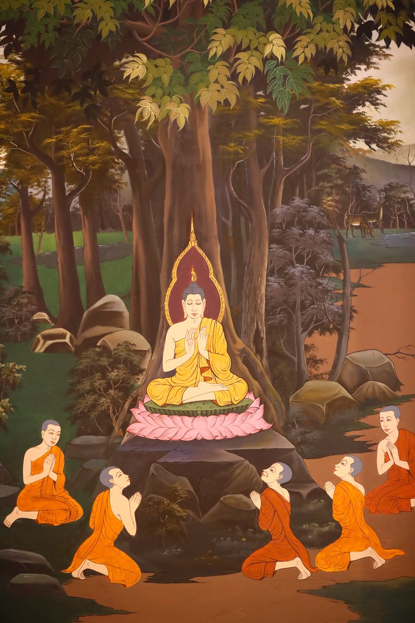 Der Buddha predigte seine erste Predigt an die fünf Mönche, Wandfresko, Wat Botum Tempel, Phnom Penh, 2022 (Foto) von Unbekannter Künstler