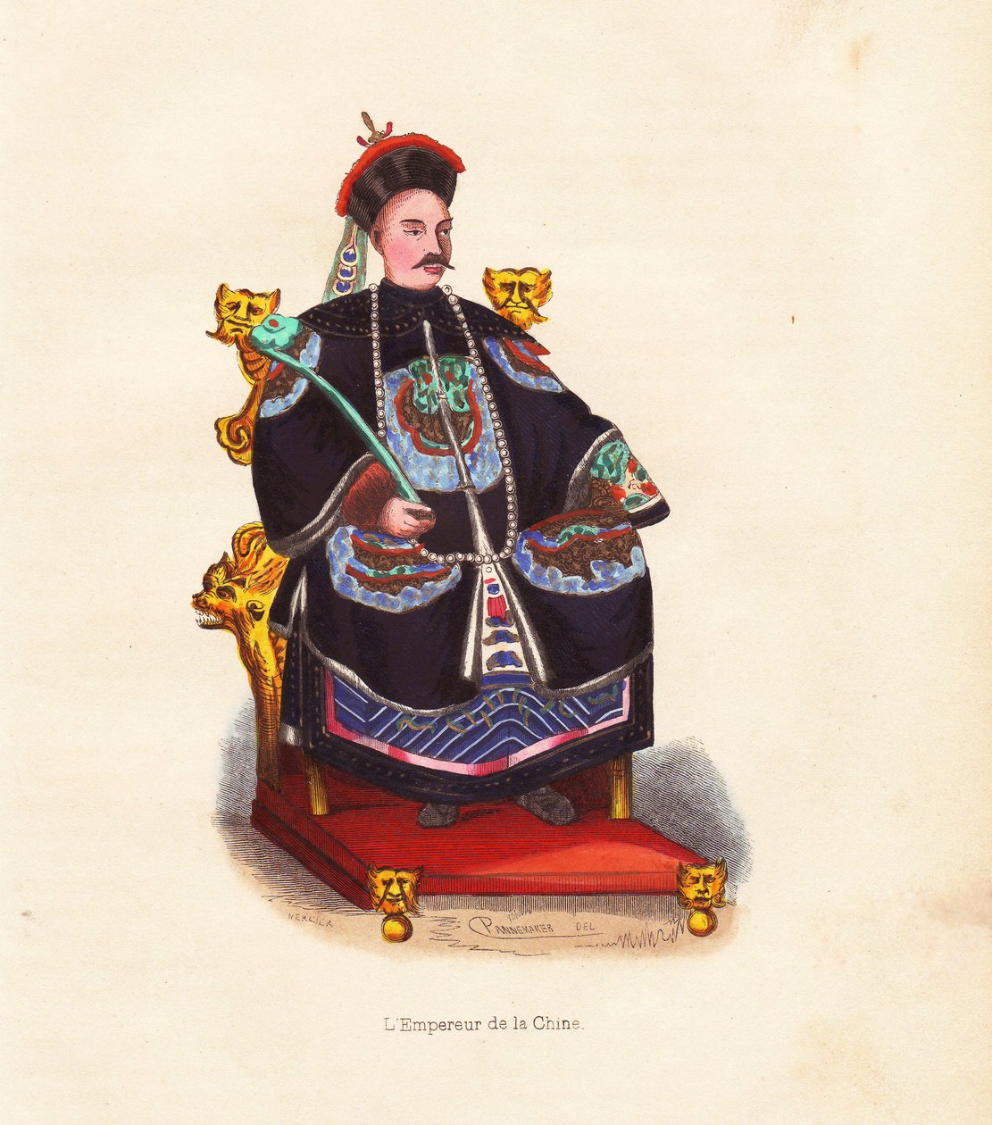 Der Kaiser von China in bestickten Roben und Hut mit Pfauenfeder auf seinem Thron sitzend. Handkolorierter Holzschnitt von Mercier nach einer Illustration von Pannemaker aus Auguste Wahlen