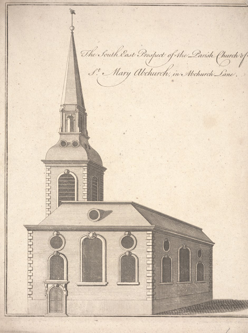 Die Südostansicht der Pfarrkirche St. Mary Abchurch, in der Abchurch Lane, ca. 1740 von Unbekannter Künstler