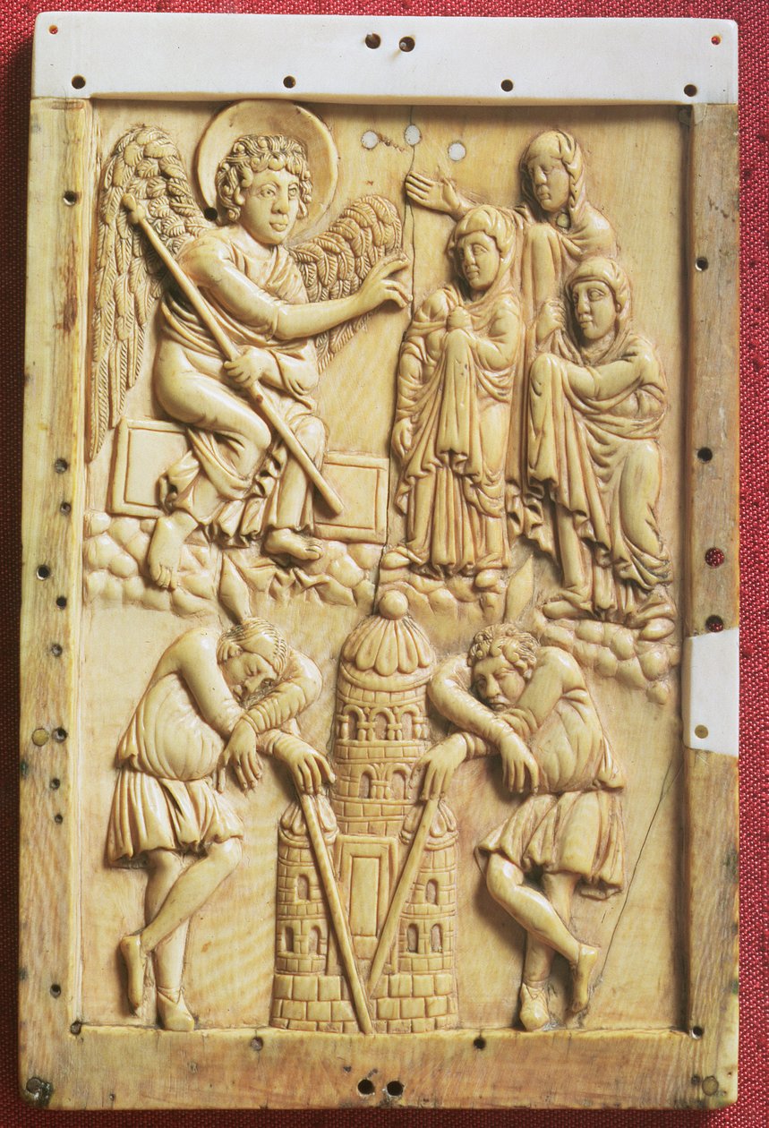 Die drei Marien am Grab, geschnitzte Tafel, Schule des Palastes von Karl dem Großen, französisch von Unbekannt