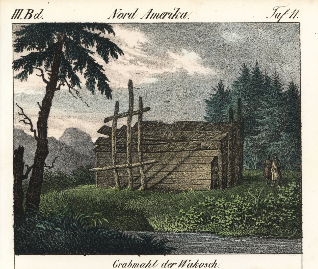 Das Holztotenmal der Wakashan-Indianer (Kanada). Lithographie aus dem Buch: „Galerie complète en tableaux fidèles des peuples d