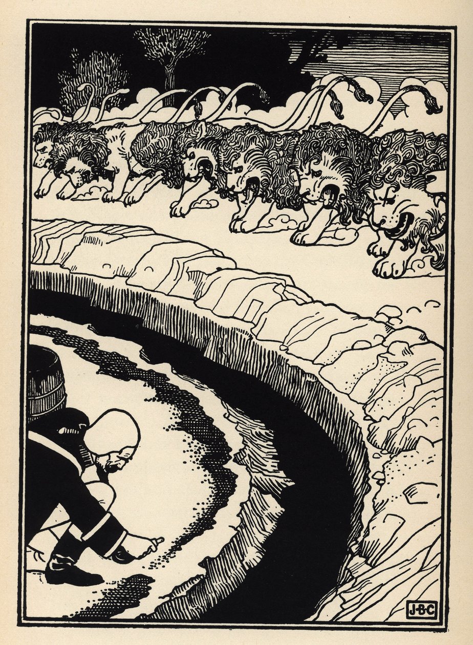 Der Baron verteidigt sich gegen den Angriff von Löwen, indem er Schießpulver anzündet. Illustration von William Strang (1859-1921) und JB Clark aus „Die Abenteuer des Baron von Münchhausen“ von Rudolf Erich Raspe (1736-1794) (1789) von Unbekannt