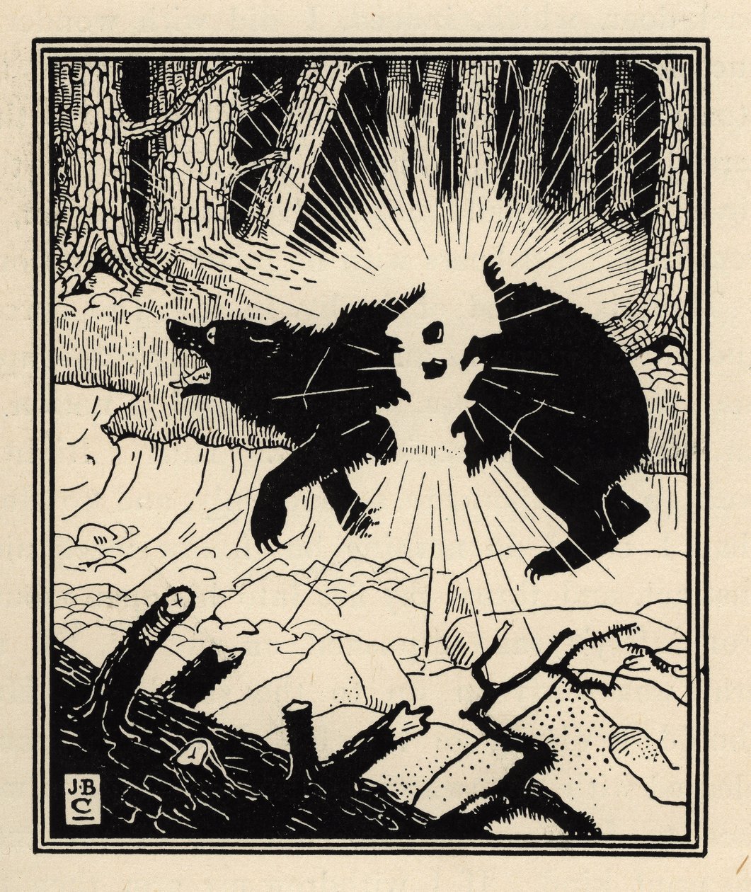 Der Baron sprengt einen Schwarzbären mit zwei Feuersteinen. Illustration von William Strang (1859-1921) und JB Clark aus „Die Abenteuer des Baron von Münchhausen“ von Rudolf Erich Raspe (1736-1794) (1789) von Unbekannt