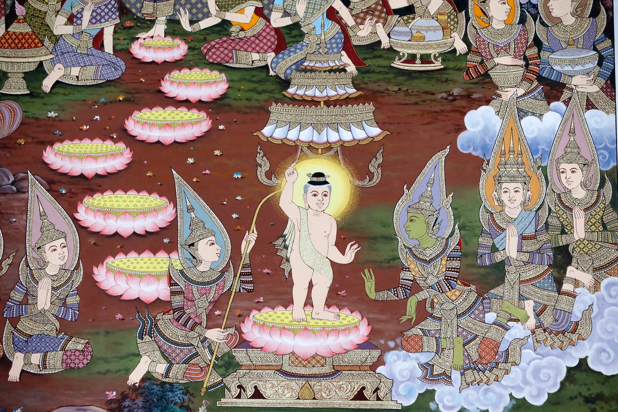 Die Geburt des Säuglings Siddhartha, Wandfresko, Wat Maniratanaram Kloster, Phnom Penh, 2022 von Unbekannter Künstler