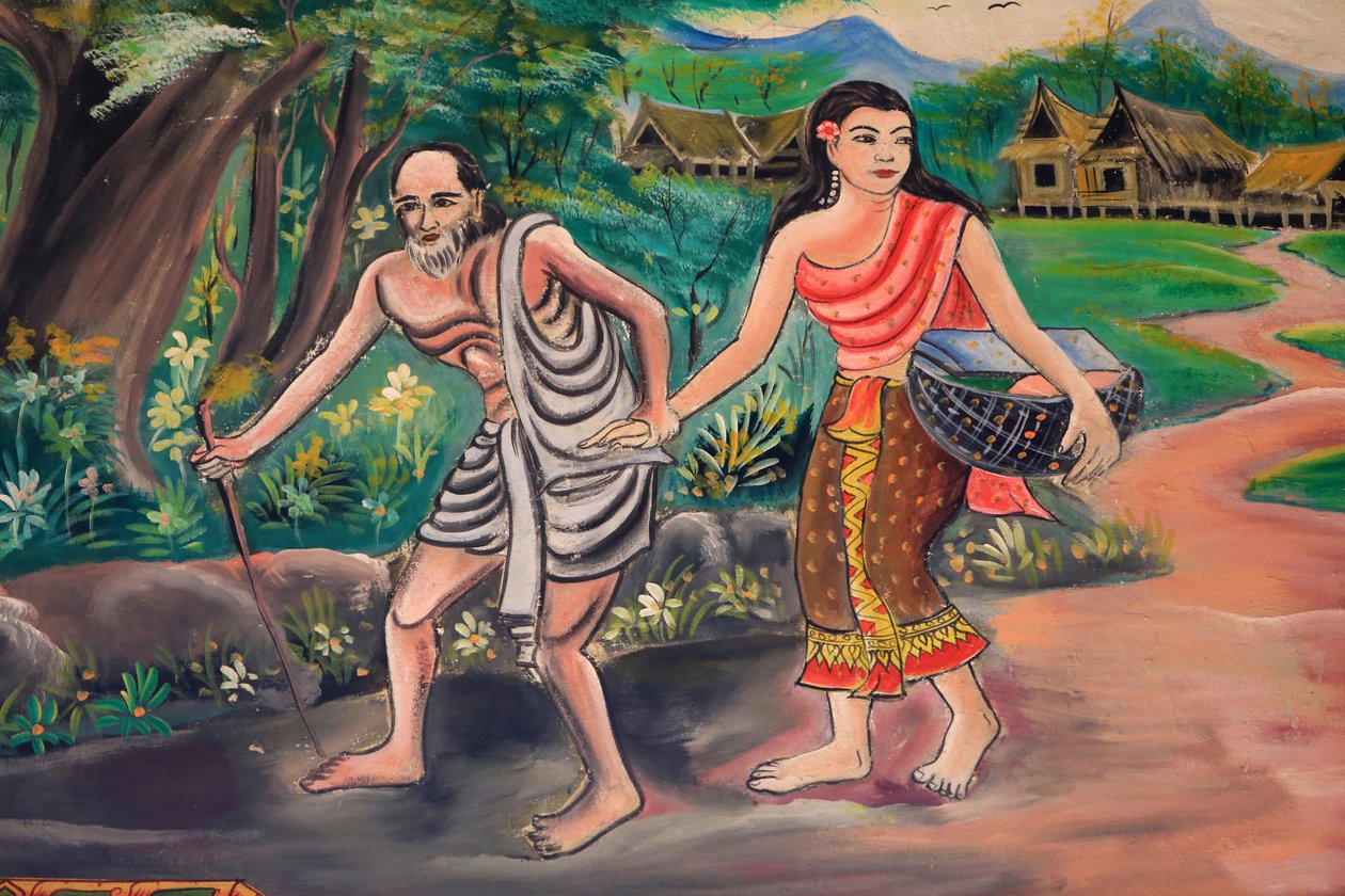 Der Tag davor. Begegnung mit dem Dorfbewohner. Der Weg der Erleuchtung. Leben des Buddha. Deckenmalerei darstellend das Leben des Buddha. Wat Inpeng, Vientiane, Laos von Unbekannt