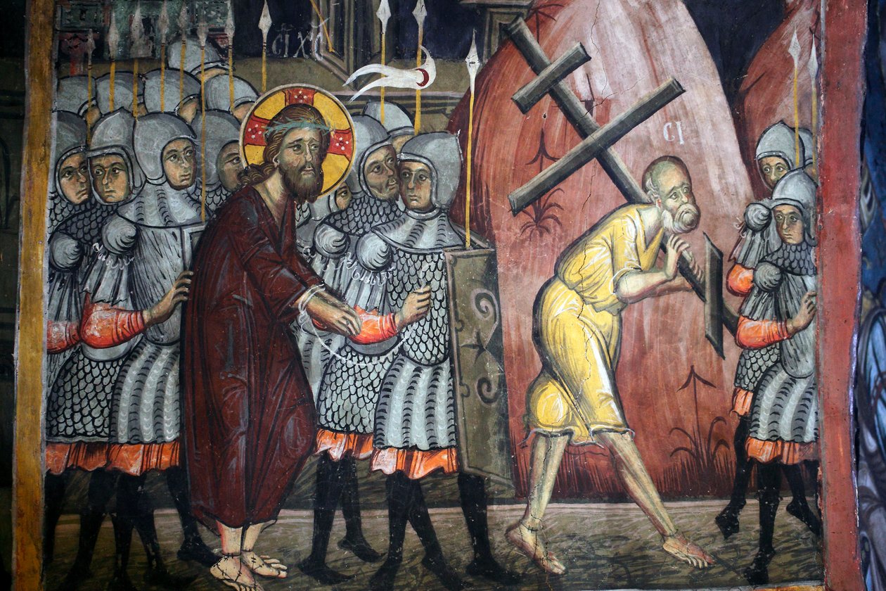 Die Passion Christi Simon trägt das Kreuz Byzantinisches Fresko aus dem Agios Ioannis Lampadistis Kloster, Heiliger Johannes Lampadistis 11. Jahrhundert Zypern Bemalte Kirchen UNESCO-Stätte Troodos, Zypern von Unbekannt