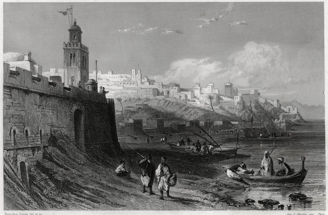 Der malerische Hafen der befestigten Stadt Tanger im 19. Jahrhundert, im Buch über das Mittelmeer von Louis Enault (1824-1900), einem französischen Journalisten und Reisenden. Louis Enault, LA MEDITERRANEE SES ILES ET SES BORDS, Morizot von Unbekannt