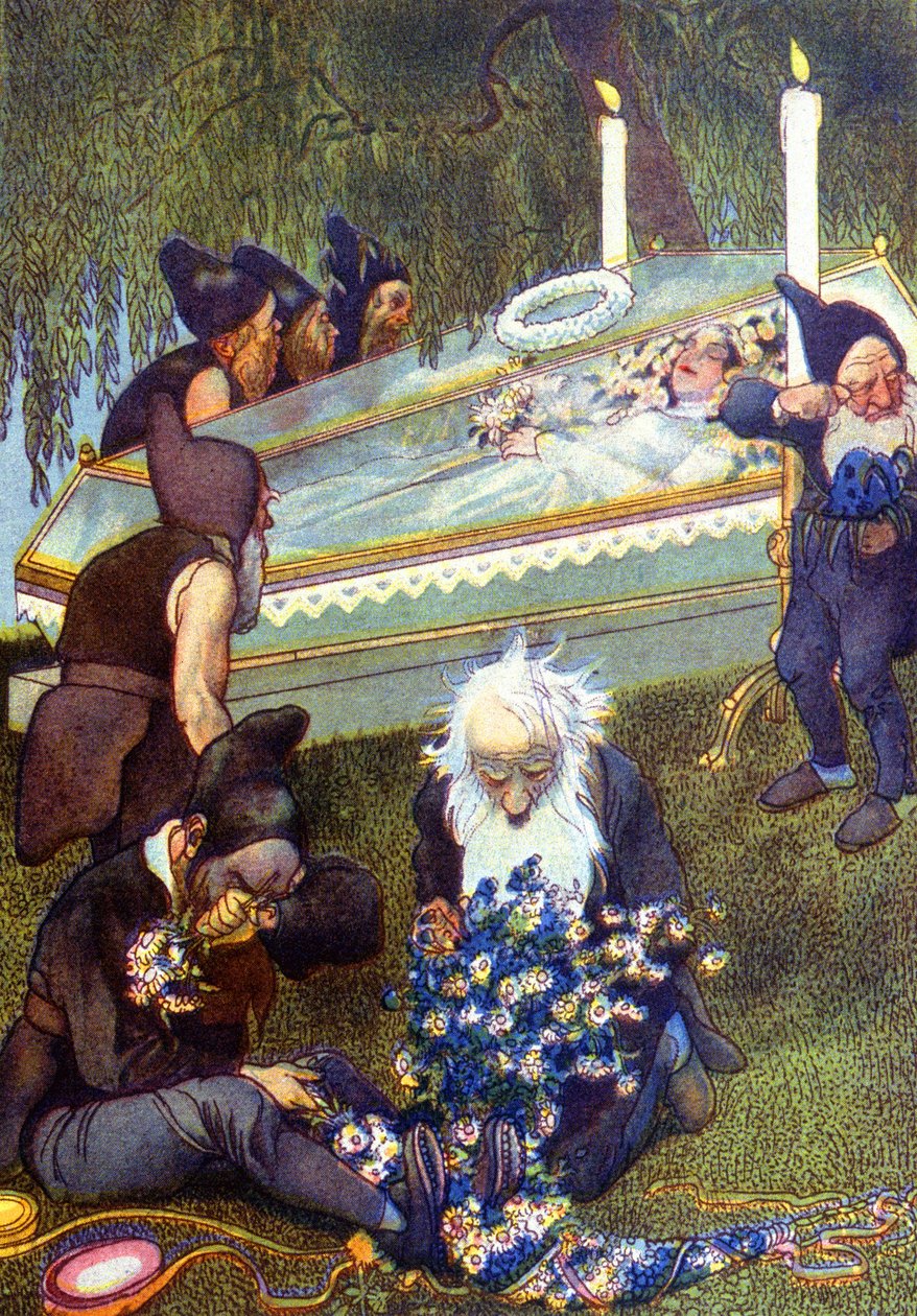 Die sieben Zwerge weinen um Schneewittchen in ihrem Sarg, spätes 19. Jahrhundert (Illustration) von Unbekannter Künstler