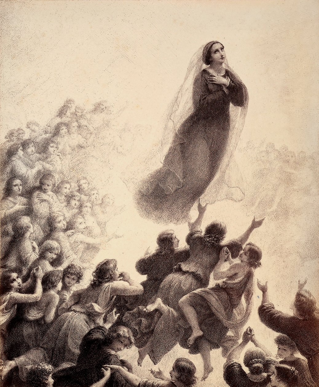 Die Geister der Seligen begleiten mit ausgestreckten Armen und Gesang Marias Rückkehr ins Empyreum. Illustration des Canto XXIII in Paradiso aus der Göttlichen Komödie von Dante Alighieri. Werk von Francesco Scaramuzza, gewidmet der Gemeinde Florenz von Unbekannter Künstler