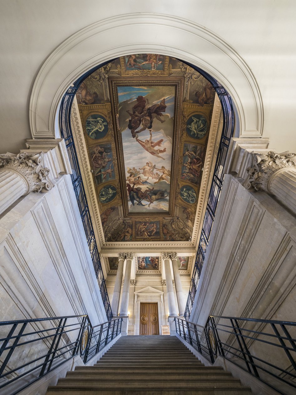 Die Treppe, Architekten Charles Lelong (1793-1861) und Edouard Dubois (1795-1813), zwischen 1840 und 1846. An der Decke, Frankreich, das seine Archive an die Morgenröte der Zeit bindet, Gemälde von Felix Jobbe Duval (1821-1889), zwischen 1877 und 1881. Hot von Unbekannt