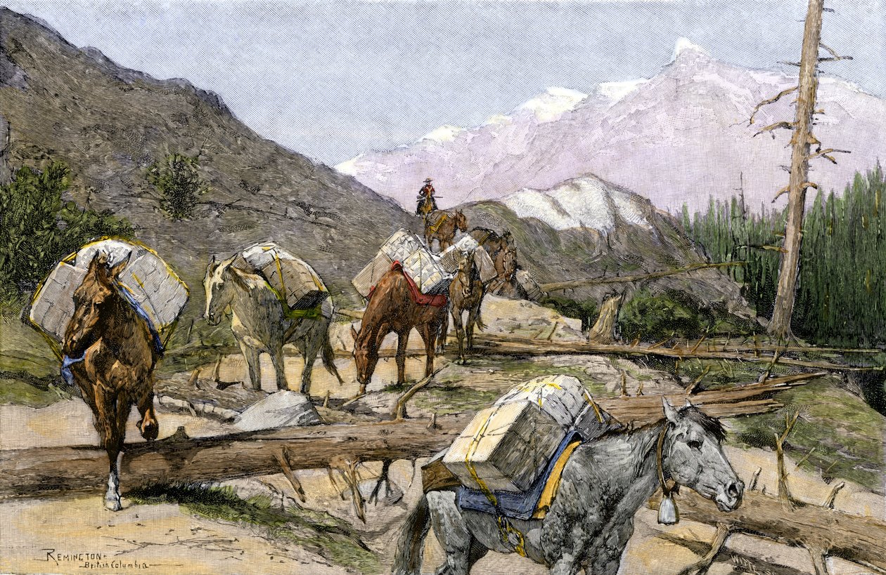 Transport von Vorräten und Pelzen zu Pferd in den Rocky Mountains, USA. Nach einer Illustration von Frederic Remington. Packzug, der Vorräte oder Pelze über die Rockies transportiert von Unbekannter Künstler