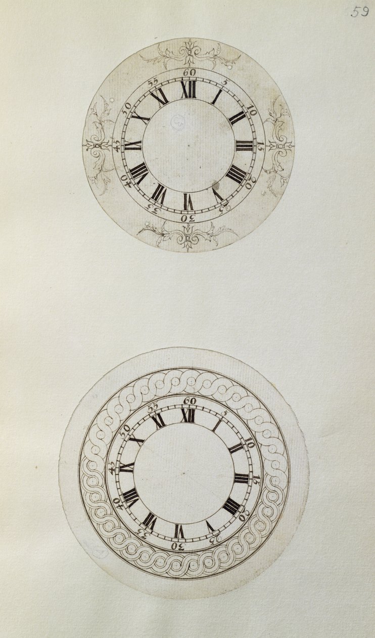 Zwei Entwürfe für große Emaille-Uhrzifferblätter, aus mechanischen Notizen und Zeichnungen von John Harrison (1693-1776) und seinem Sohn William (ca. 1726-72) von Unbekannt