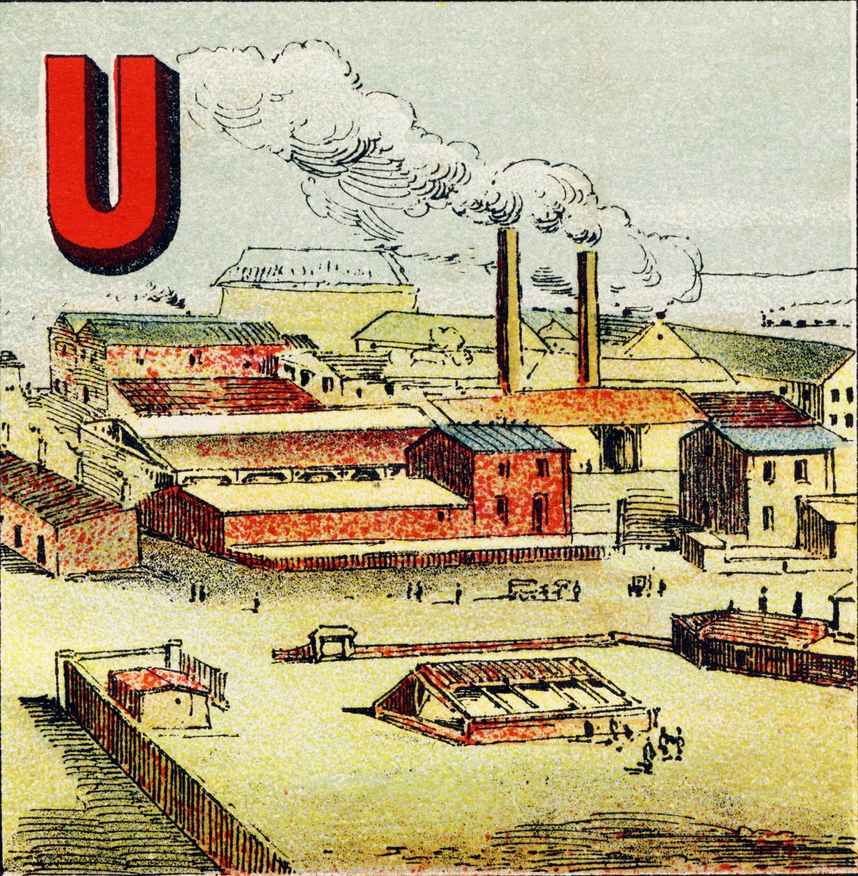 U: Fabrik. Eine Fabrik ist eine riesige Anlage mit vielen Maschinen; wie in der gigantischen Fabrik von Creusot - Gravur aus Alphabet geographique. Guerin-Muller et Cie, Verleger, Paris von Unbekannt