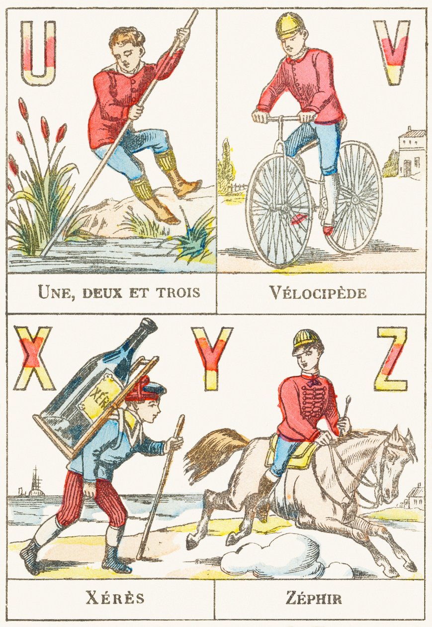 U V X Y Z ; U : Eins, zwei und drei ; V : Veloziped ; X : Xeres ; Z : Zephir - Spiele-Alphabet, ca. 1890 (Gravur) von Unbekannt