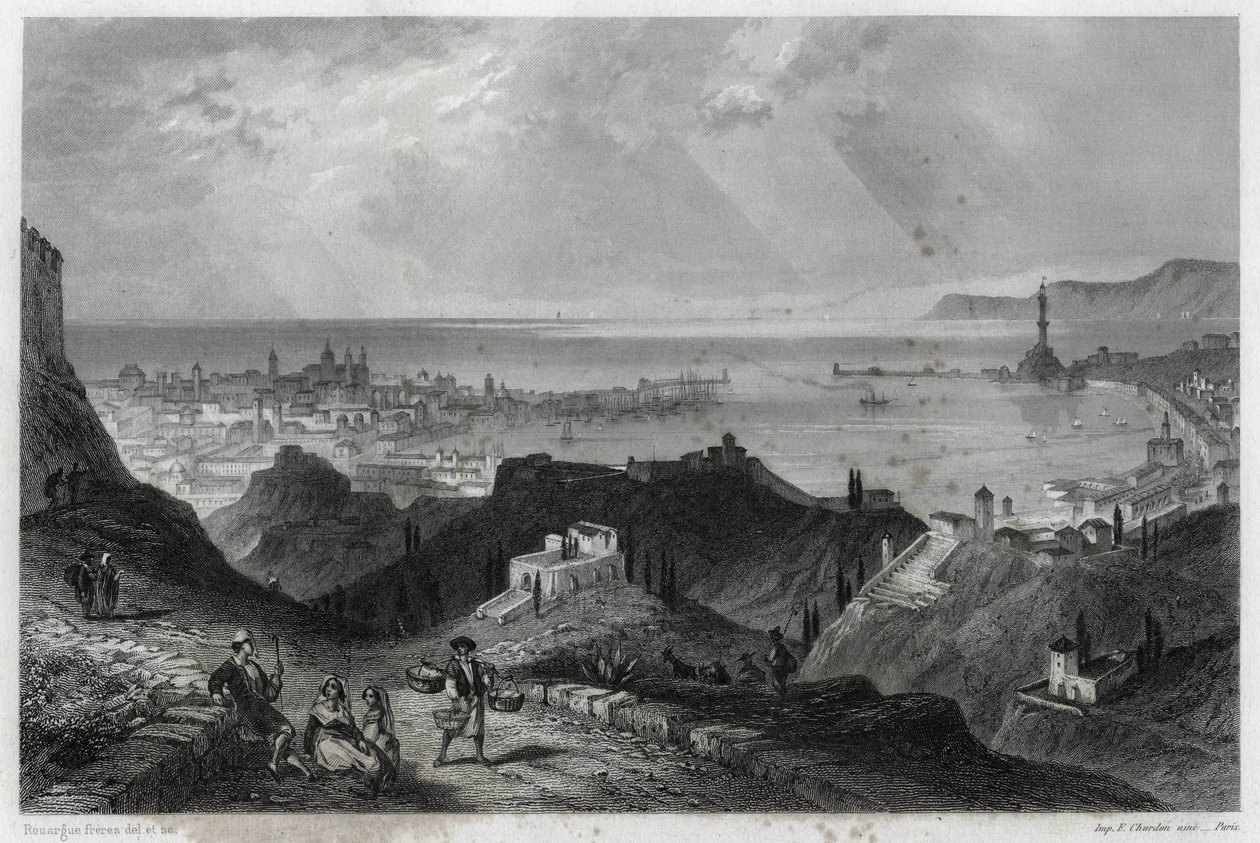 Ansicht der Stadt und des Hafens von Genua, die strahlende Stadt, die Marmorstadt, Genua-la-Superba, im Buch über das Mittelmeer von Louis Enault (1824-1900), einem französischen Journalisten und Reisenden von Unbekannt