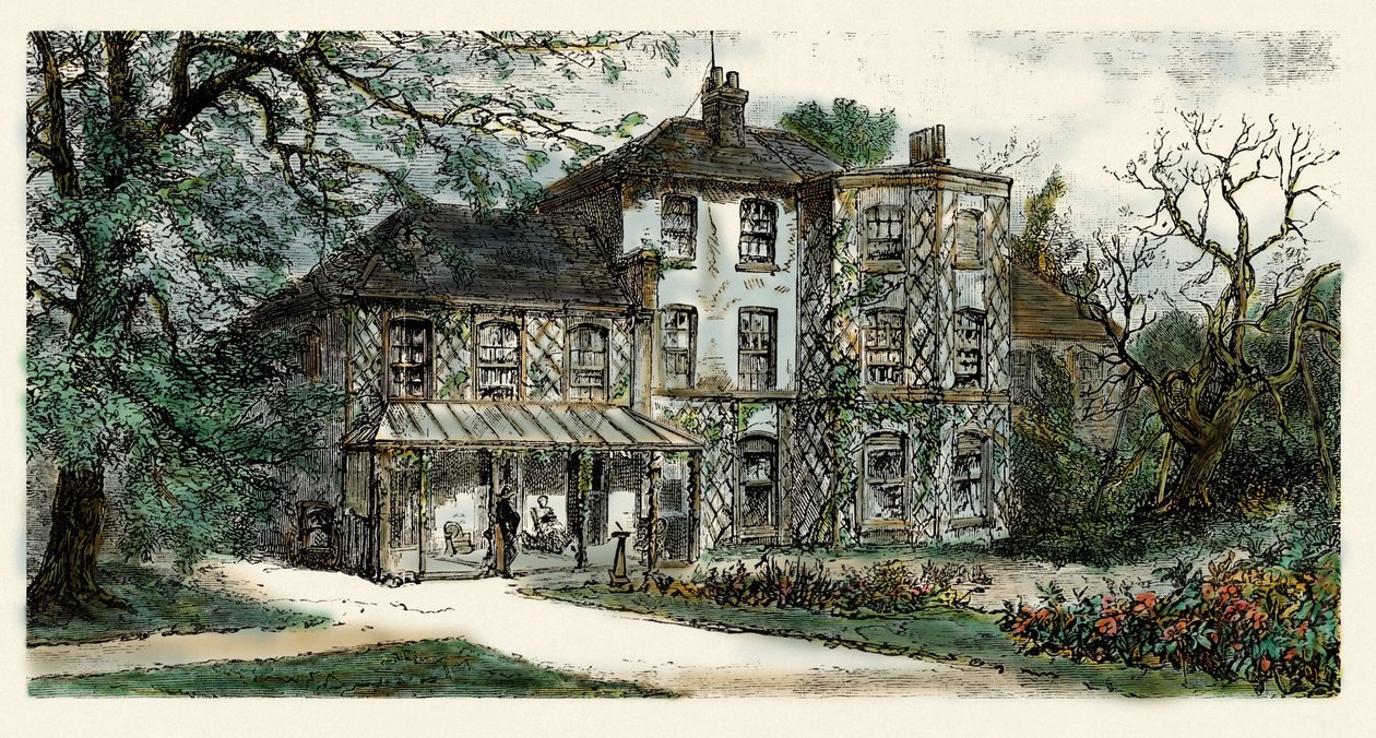 Ansicht des Hauses von Charles Darwin (1809-1882), in dem er „The origin of the species“ verfasste. Gravur des 19. Jahrhunderts von Unbekannter Künstler