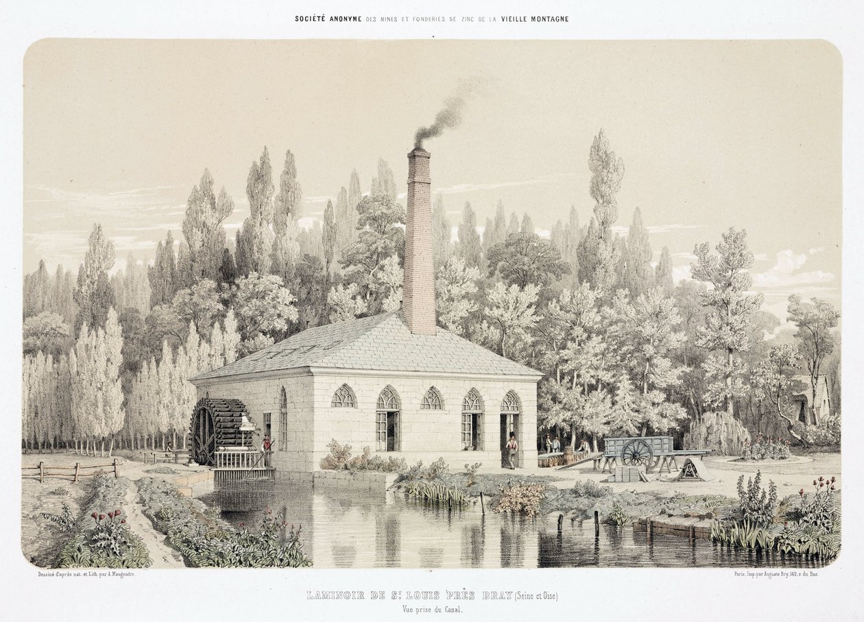 Wasserkraft, vor 1900 Zinkwalzwerk (Laminoir), Saint Louis, bei Bray, Frankreich von Unbekannt