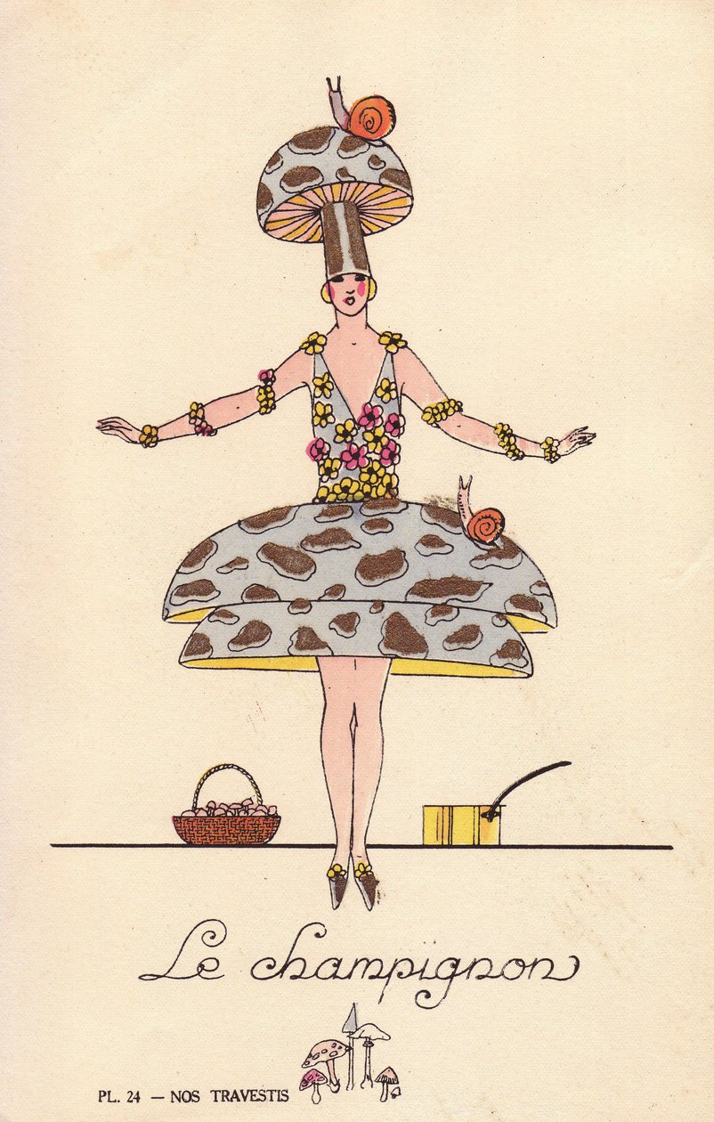 Frau im Pilzkostüm. Lithographie von unbekanntem Künstler aus Nos Travestis, Paris von Unbekannter Künstler
