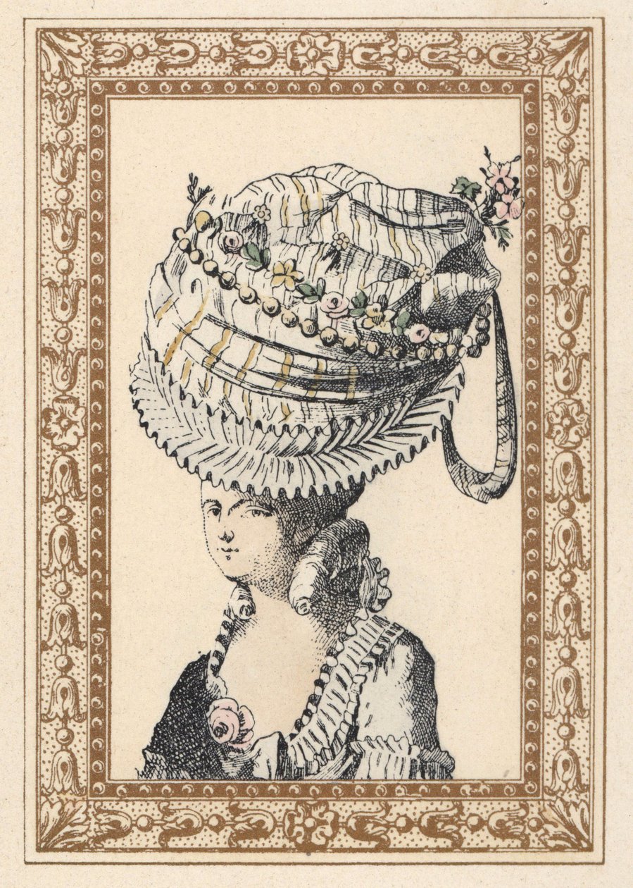 Frau mit einem riesigen Hut namens Glück des Jahrhunderts. Handkolorierte Lithographie von de Laubadere aus Octave Uzane