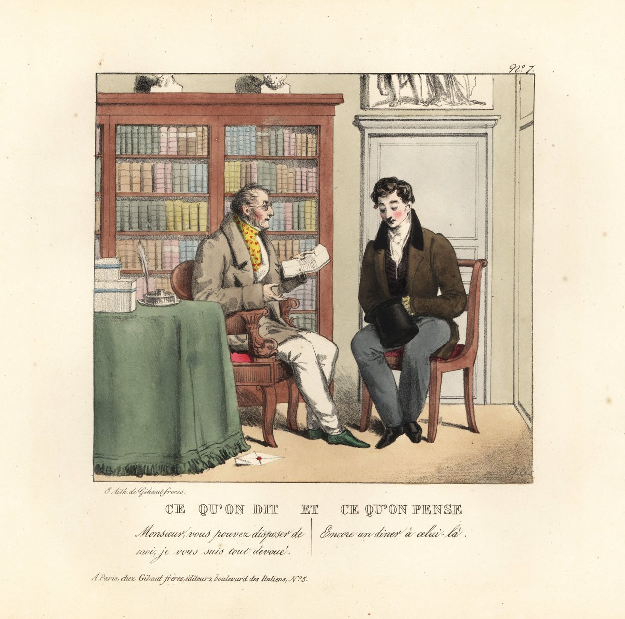 Junger Herr im Arbeitszimmer eines Beraters, der einen Brief liest. Er sagt: Ich stehe Ihnen ganz zur Verfügung. Er denkt: Ein weiteres kostenloses Abendessen! Handkolorierte Lithographie der Gebrüder Gihaut nach einer Illustration des Schweizer Künstlers  von Unbekannter Künstler