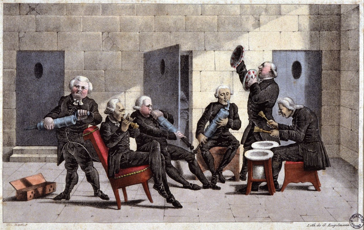 Amateure spielen eine Courante, französische Karikatur gegen Ärzte (halten Spritzen und Nachttöpfe als Musikinstrumente) und das Abführmittel im 18. Jahrhundert, Gravur von Elgelmann, ca. 1830 von Unbekannter Künstler