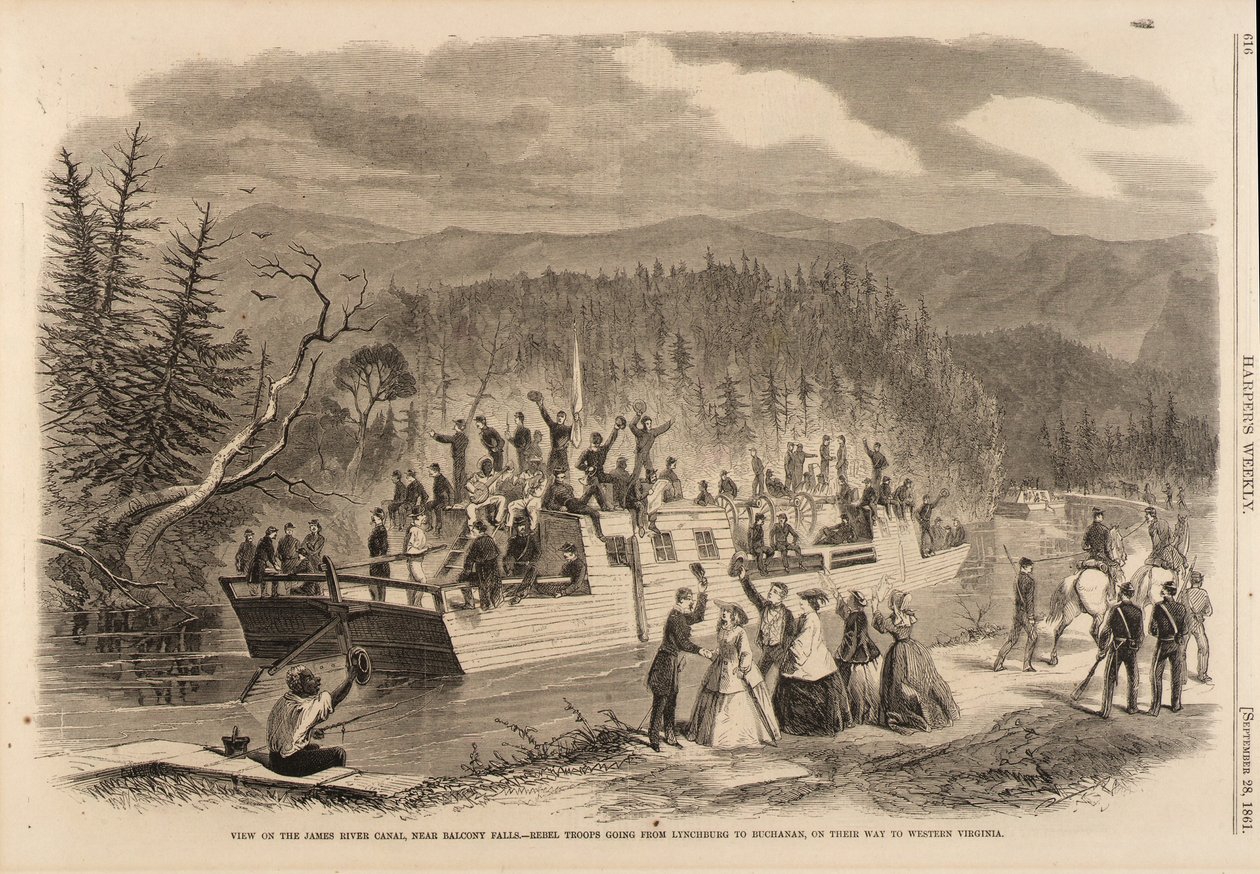 Blick auf den James River Canal, nahe Balcony Falls. -Rebellentruppen von Lynchburg nach Buchanan auf dem Weg nach West-Virginia, aus Harper
