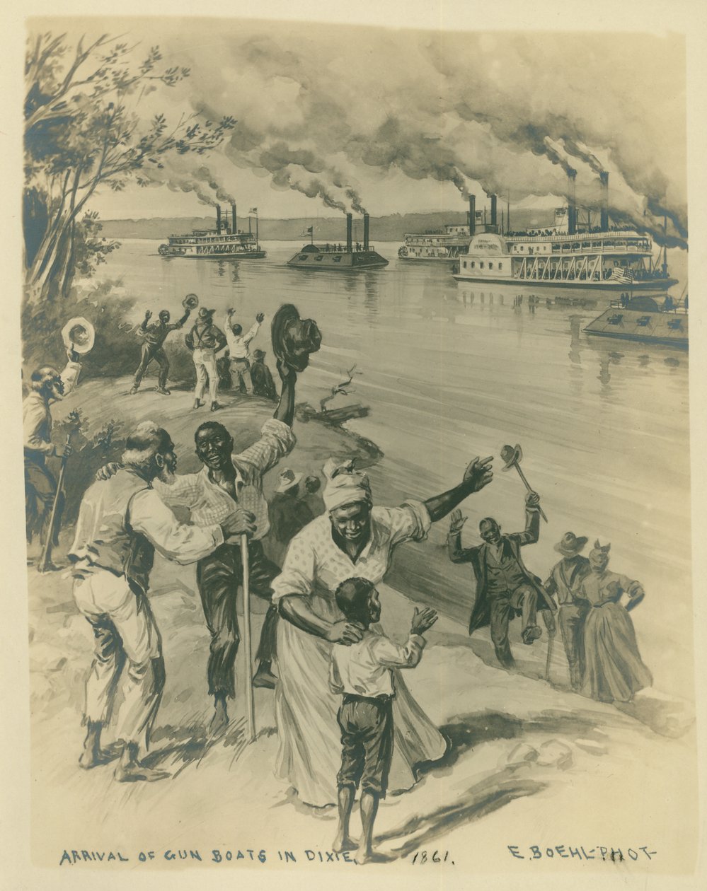 Bild von Menschen (meist Afroamerikaner), die am Ufer eines Flusses feiern, wo eine Flotte von Kanonenbooten unterwegs ist. von Unknown