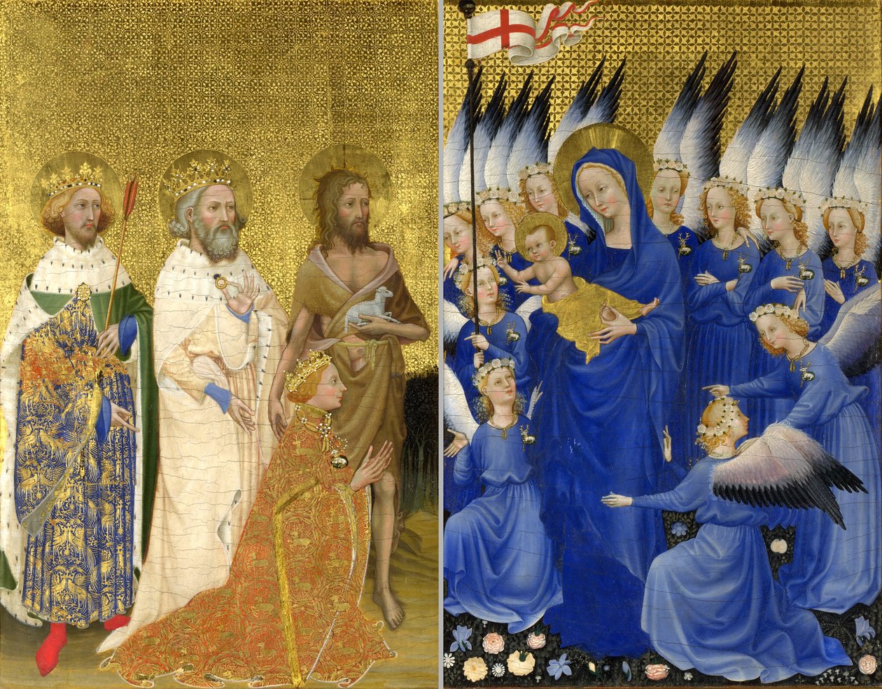 Richard II. der Jungfrau und dem Kind von seinem Schutzheiligen Johannes dem Täufer und den Heiligen Edward und Edmund vorgestellt (Das Wilton-Diptychon) von Unknown