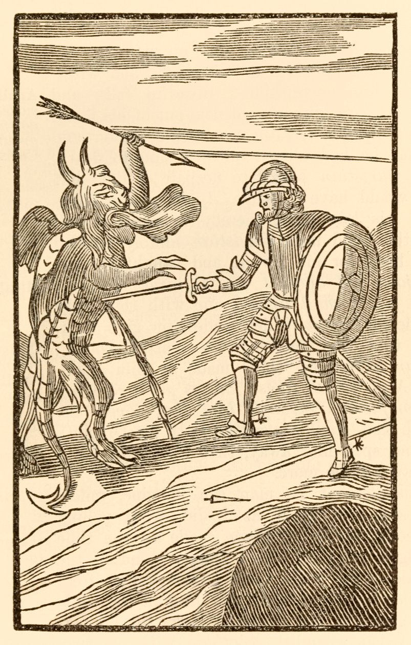 "Ein ungleicherer Kampf kann kaum sein: Christian muss gegen einen Engel kämpfen" aus "Die Pilgerreise von dieser Welt zu der, die kommen wird" von John Bunyan von Unknown