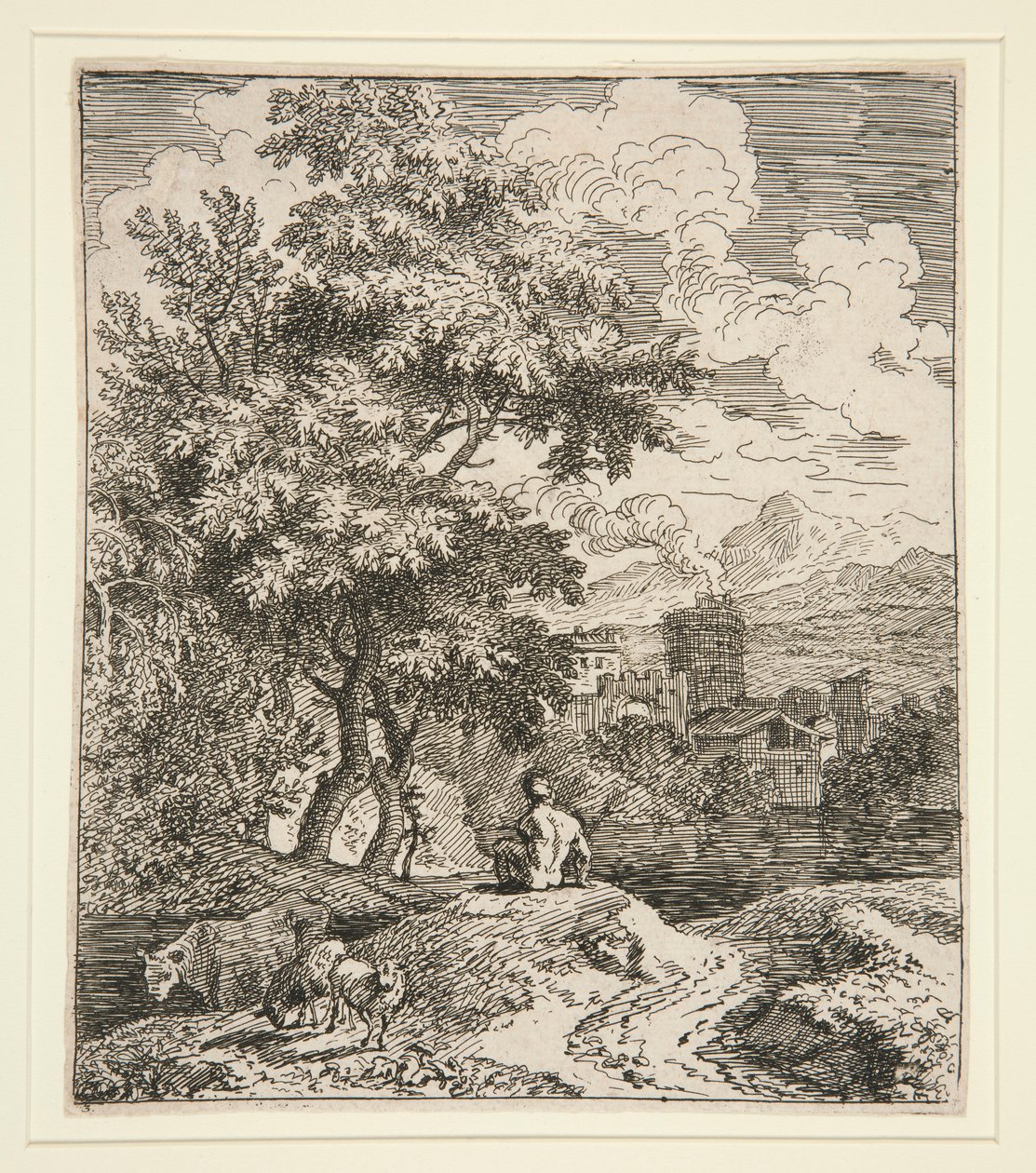 Ein Hirte, zwei Schafe und eine Kuh in einer Landschaft von Unknown