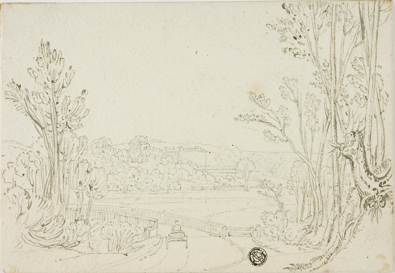 Karren über Brücke zwischen Bäumen; Villa in der Ferne von Unknown