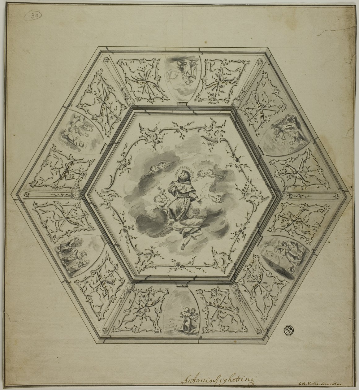 Deckenentwurf mit dem heiligen Antonius von Padua umgeben von Episoden aus seinem Leben und Symbolen des Martyriums der Apostel von Unknown