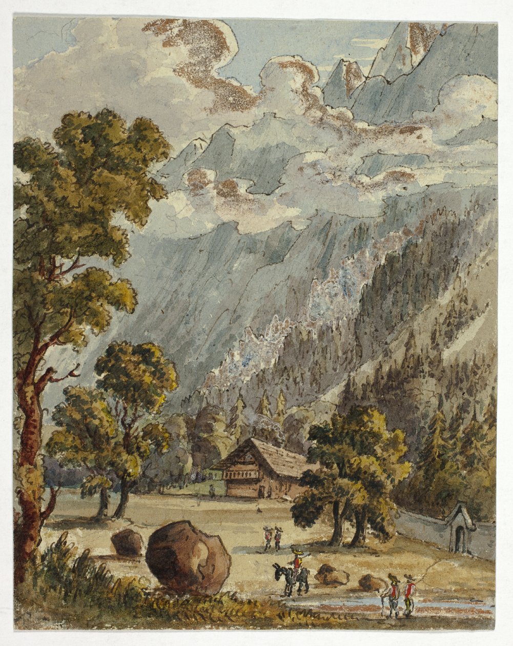 Chalet und Garten unterhalb der Alpen (recto); Dorf & Gletscher du Boissons, Chamix (verso) von Unknown