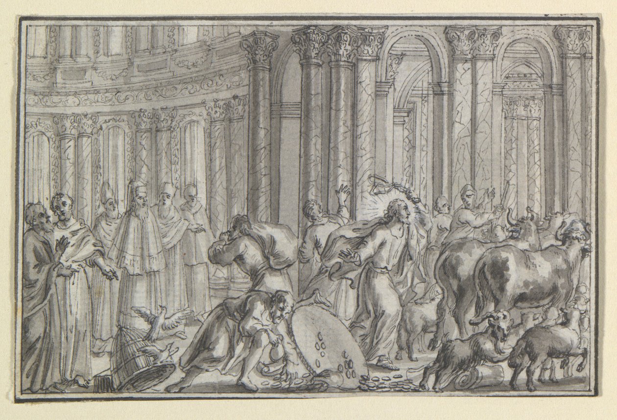 Christus vertreibt die Geldwechsler aus dem Tempel, eine von vier Szenen aus dem Leben Christi von Unknown