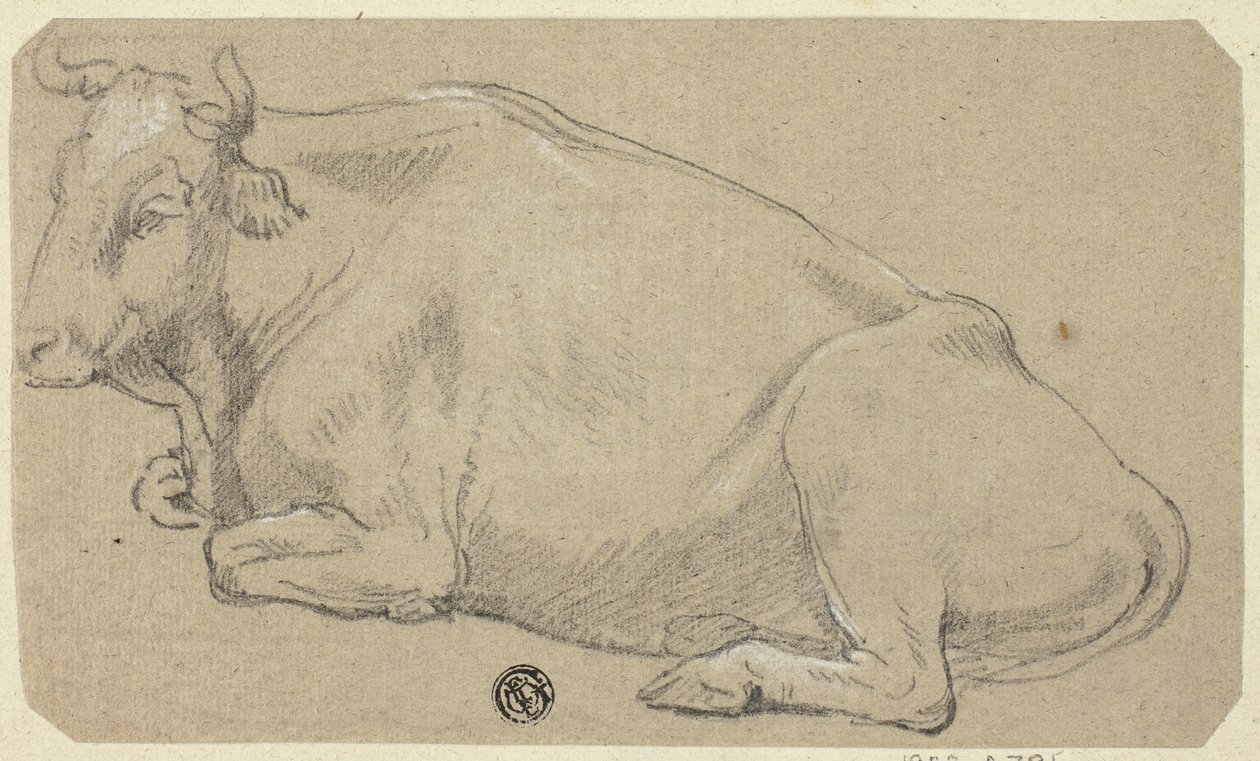 Kuh auf den Hüften liegend (recto); Kopf einer Frau und Skizze eines Pferdekopfes (verso) von Unknown