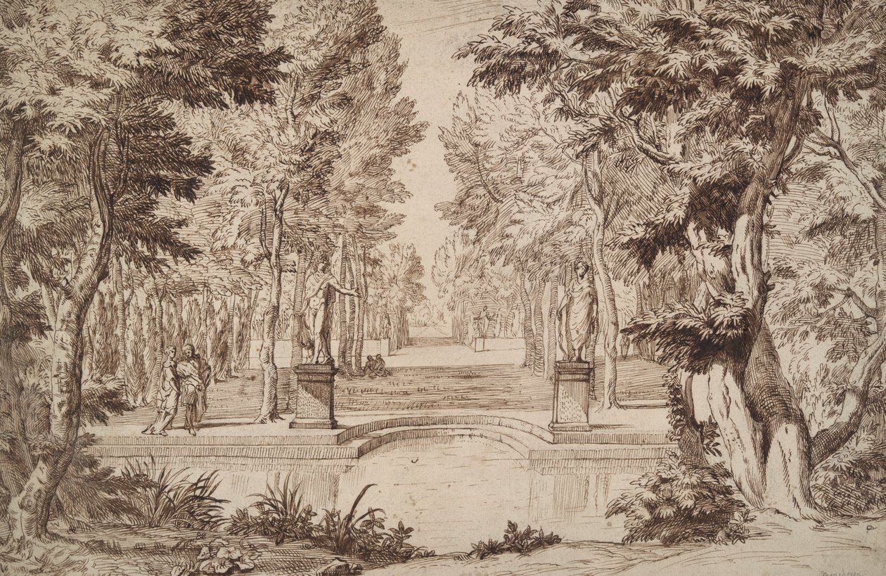 Imaginäre Ansicht eines Parks mit Statuen und Paaren von Unknown