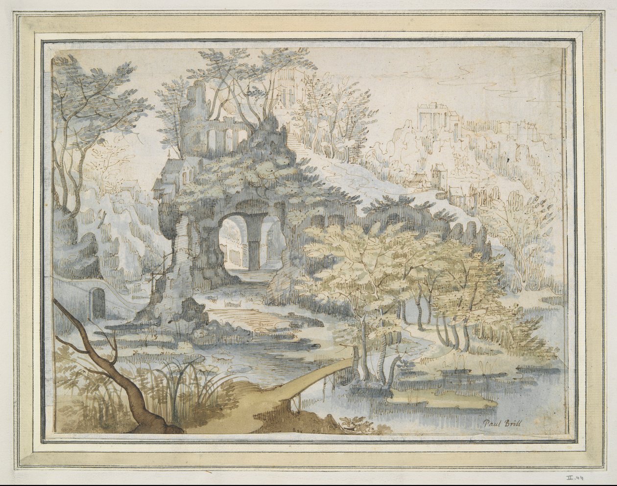 Landschaft mit Gebäuden auf einem Torbogen in Felsen von Unknown
