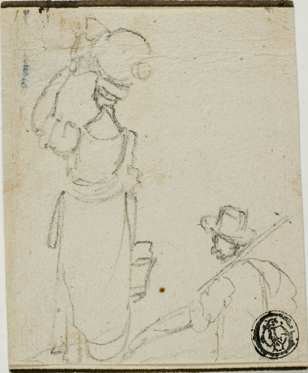 Mann mit Stange folgt Frau mit Krug auf dem Kopf von Unknown