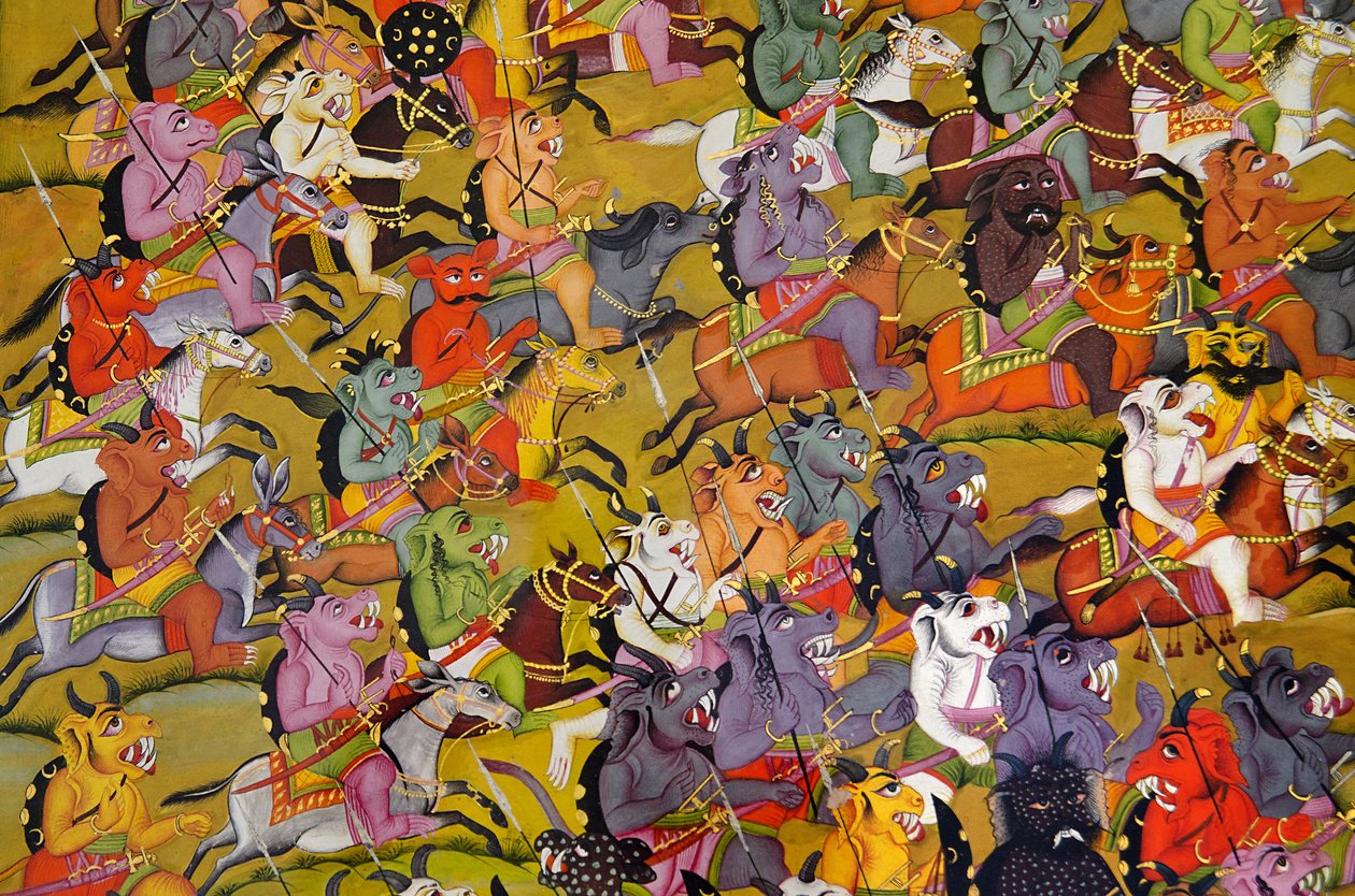Marwar-Malerei: Detail aus Die Dämonen bereiten sich auf den Kampf gegen die Göttin Durga vor, Mehrangarh Fort Palastmuseum, Jodhpur, Rajasthan, Indien von Unknown