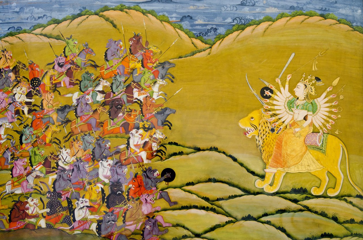 Marwar-Malerei: Die Dämonen bereiten sich auf den Kampf gegen die Göttin Durga vor, Mehrangarh Fort Palastmuseum, Jodhpur, Rajasthan, Indien von Unknown