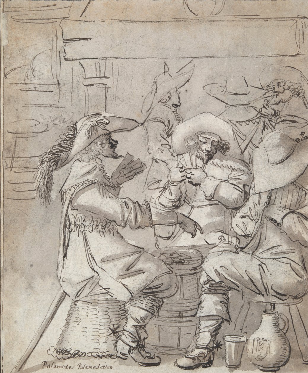 Männer beim Kartenspiel (recto); Gasthausinterieur mit stehendem Mann, der raucht (verso) von Unknown